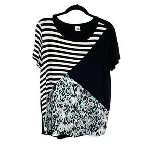 Sew In Love Black Pattern Mixing Stripes & Animal Print Tee Shirt Women's Large